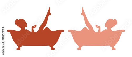 Elegant woman in bathtub vector illustration, two stylish female silhouettes relaxing in a clawfoot tub, perfect for spa, beauty, or self-care designs.