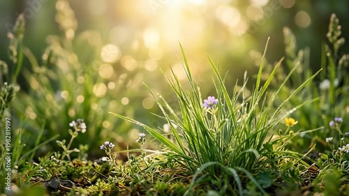 Close-up of vibrant wildflowers and grass illuminated by sunlight in a serene natural setting