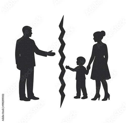Family separation vector illustration, a stark silhouette of a broken family, divorce concept, child custody issues, and relationship breakdown graphic for legal and social themes.
