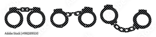 Handcuffs vector icon set, three distinct black metal shackle designs with chains, crime and justice symbol graphics, isolated on white for law enforcement and security concepts.