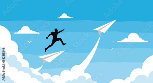 Fearless individual jumping between flying white paper planes in a bright blue sky representing innovative thinking.