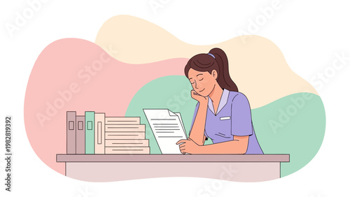 Young woman studying at desk with books and papers, peaceful learning