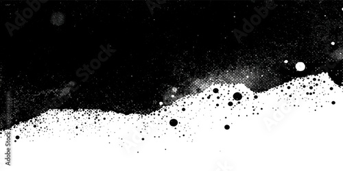 Black ink splashes and droplets create a grunge paint motion across a clear liquid backdrop with flowing waves and fresh bubbles for a modern design