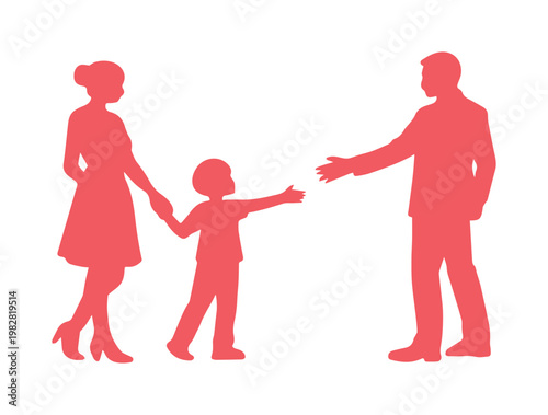 Family separation vector illustration, child reaching for father, mother holding child's hand, red silhouette graphic, divorce and custody concept, parental conflict visual