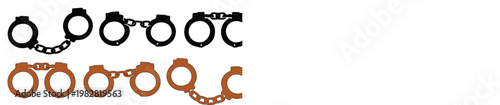 Police Handcuffs Vector Set, Black and Brown Metal Restraints, Law Enforcement and Justice Symbols, Crime and Security Icons for Web and Print Design
