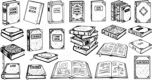Black and White Line Art Collection of Law Books, Code Books, and Legal Documents - Vector Illustration for Legal Industry