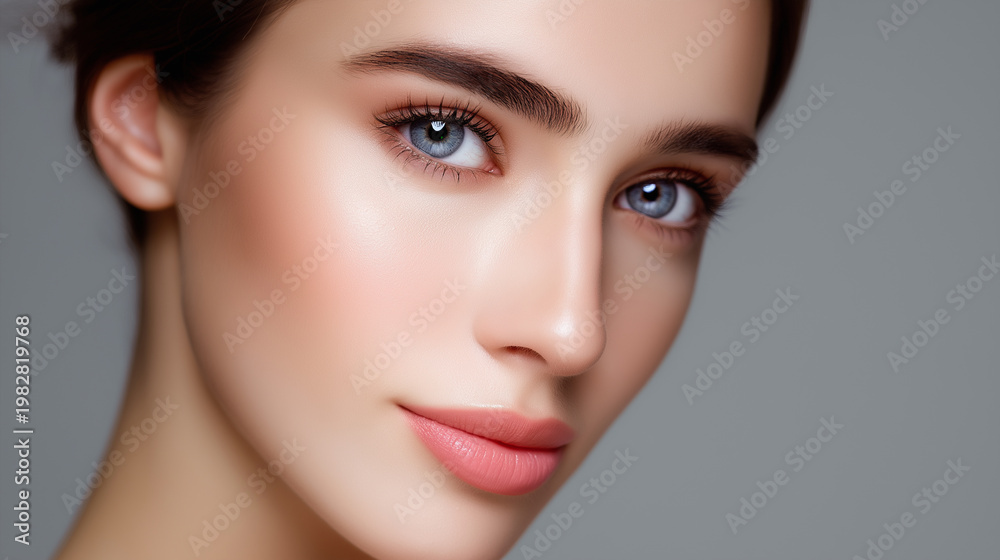 Fototapeta premium Close-up portrait of beautiful woman with clear skin and natural makeup highlighting skincare and beauty concept.