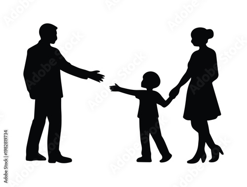 Family separation silhouette, parents and child vector illustration. Divorce, custody, and family law concept, a poignant graphic resource for legal and social issues.