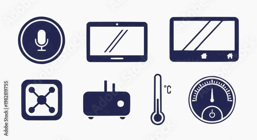 Smart home technology icons set, navy blue flat vector elements for automation systems, internet of things devices and digital interface controls