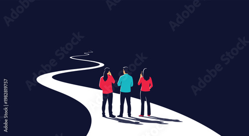 Three individuals standing on a long white winding road looking into a dark void representing the unknown future.