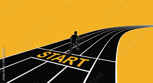 Energetic businessman starting a race on a long black track with a large yellow start sign painted on the ground.