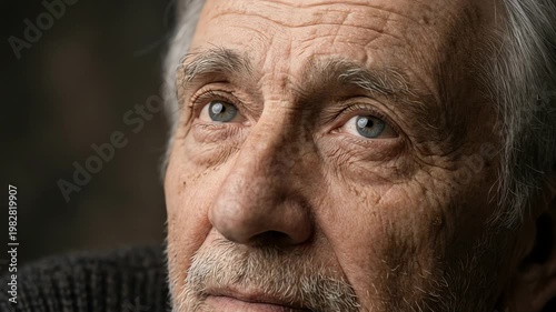Close-up portrait of an elderly man with expressive eyes, showcasing wrinkles and wisdom