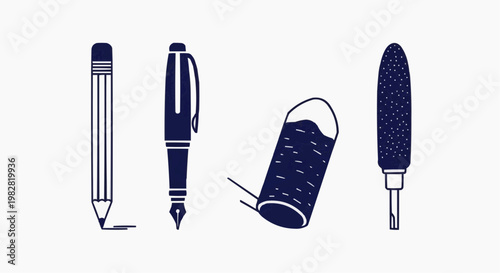 Minimalist writing tools vector set, navy blue pencil and fountain pen icons, creative office supplies and stationery elements for branding