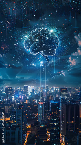 Abstract human brain and neural network with digital big data interface in futuristic, technological environment, conceptual design for AI, connectivity and cyber security stock illustration.