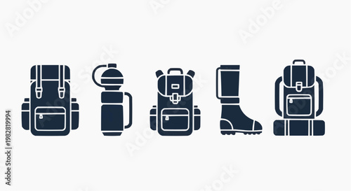 Minimalist hiking gear icons set, flat vector backpack and camping equipment collection, black silhouette trekking rucksack and outdoor boots