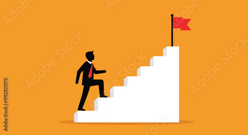 Businessman in a suit climbing a set of white steps toward a red goal flag isolated on a vibrant orange background.
