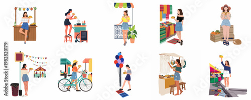 Set of flat illustrations of young women enjoying summer markets, street food festivals, and eating tacos in various outdoor urban settings.