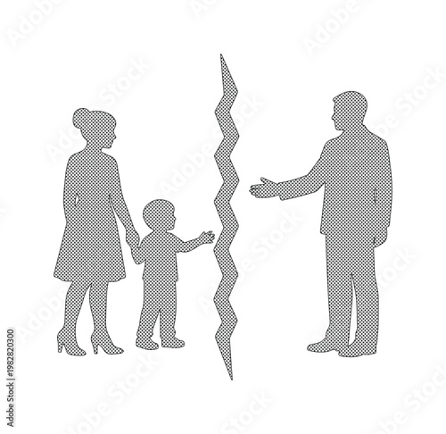 Family separation vector illustration, a broken relationship concept. Divorce and custody dispute, a child caught between parents, legal and emotional challenges.