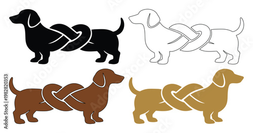 Dachshund dog knot vector illustration set, cute sausage dog silhouette, black, brown, and outline wiener dog graphic for pet branding and merchandise design