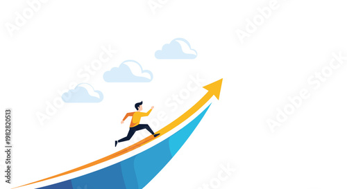 Energetic man running up a large blue and orange curved arrow pointing towards clouds in a clean white sky.