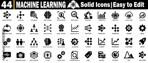 Machine learning solid icons set. Including neural networks, data flow, algorithms, training, models, prediction, feature extraction, and clustering symbols.