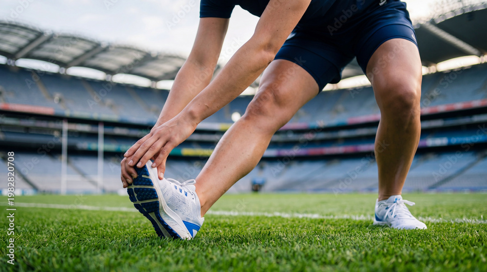 Fototapeta premium Athlete stretching leg warmup stadium grass fitness exercise before game on green sports field, focused preparation for running and injury prevention during outdoor training session