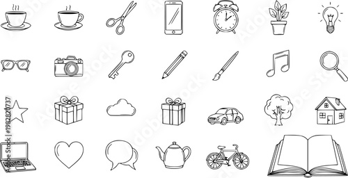 Hand-Drawn Doodle Icons Collection of Lifestyle, Everyday Objects, Communication, and Technology Symbols. Black and White Outline Art Vector Set.