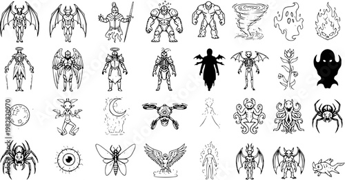 Fantasy Creatures, Monsters  Mythological Characters Icon Set - Diverse Hand-Drawn Black and White Illustrations Collection for Games and Creative Projects