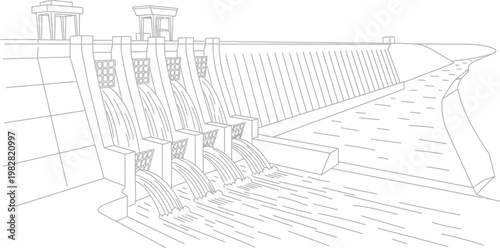 Illustrative line art depicting a large concrete hydroelectric dam with multiple spillways releasing water into the river downstream, representing power generation