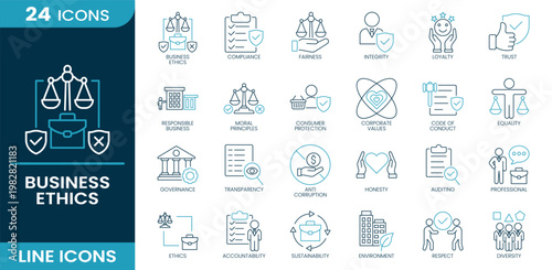 Business ethics icon set. Corporate responsibility, ethical decision making, business integrity, fair trade practice, professional conduct, compliance regulation, Line vector icons collection.