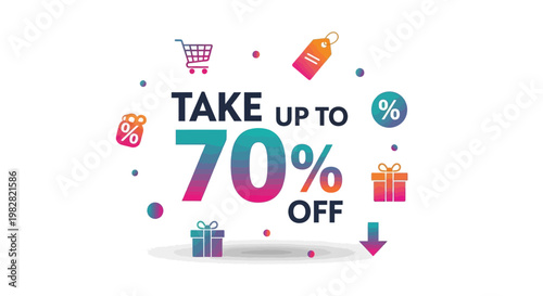 Take Up To 70% Off Sale - Discount Offer with Shopping Icons and Gifts