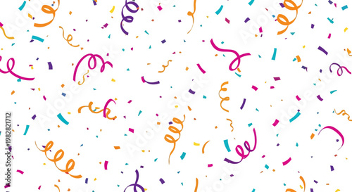 A vibrant celebration scene with colorful confetti and streamers floating in the air.