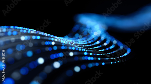 Abstract blue digital wave with glowing particles representing data flow and modern technology.