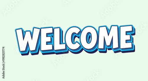 Welcome Text - Blue and White 3D Word Art on Light Green Background