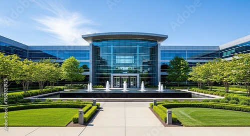 Modern corporate campus entrance, glass and steel structure, manicured landscaping, water feature, blue sky, business park, wide banner format.-gigapixel