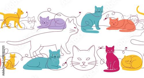 Colorful cats are sitting and lying down in a whimsical illustration.