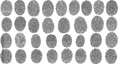 Biometric Fingerprint Collection in Black and White Line Art Style for Security, Identity Verification, and Forensic Analysis. Unique Human Dermal Patterns Vector Set for Authentication and Privacy.