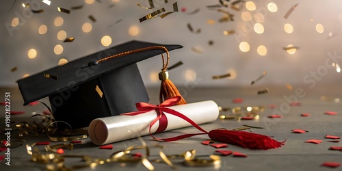 Graduation achievement with cap diploma confetti bokeh lights graduation certificate