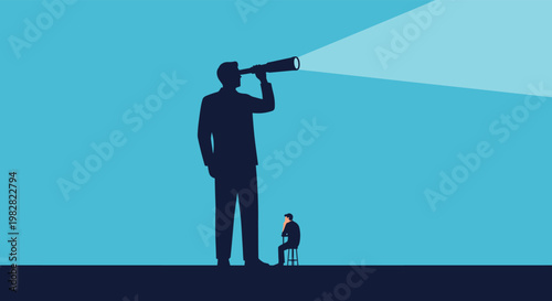 Large silhouette of a man with a telescope standing over a much smaller man sitting and thinking on a stool.