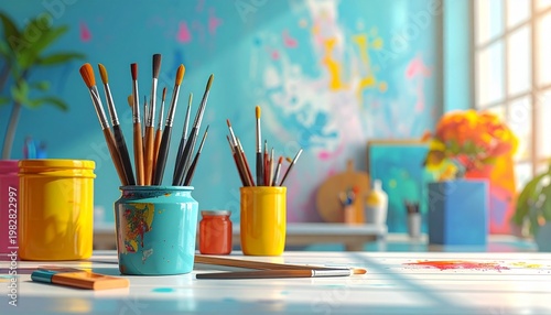 Artists arrange colorful brushes and paints on a table in a studio