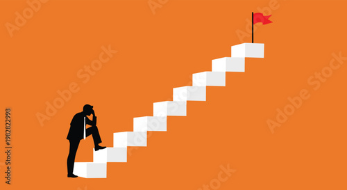 Silhouette of a man in a suit standing at the bottom of a tall white staircase thinking about the long climb.