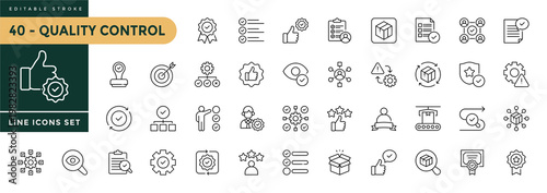A collection of Quality Control icons set with editable stroke, including quality, process, testing, evaluation, inspection, product. Thin linear vector illustration.