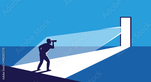 Silhouette of a man using binoculars to look through a bright open doorway into the distance representing vision and future opportunities.