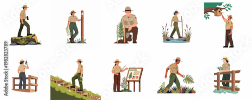 Foto A collection of flat vector illustrations depicting forest rangers engaged in various outdoor activities like hiking, planting trees, and educating visitors in national parks