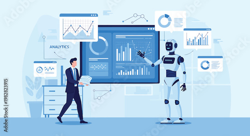 Robot, businessman, analytics, infographic, futuristic, technology, innovation, automation