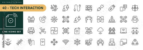 A collection of Tech Interaction icons set with editable stroke, including network, join, collaboration, connectivity, interaction, cable, integration and connection. Thin linear vector illustration.