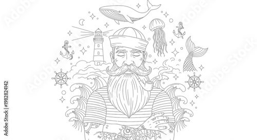 Illustration of a mystical bearded man surrounded by ocean creatures and a lighthouse