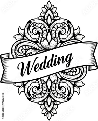 Elegant Wedding Ornament with Floral Details and Banner.