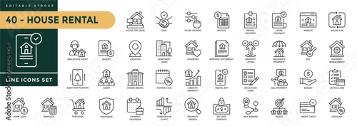 A collection of House Rental icons set with editable stroke, including Rental Fee, Lease Contract, For Rent, House for Lease, Home Rental, Property Search, Payment. Thin linear vector illustration.