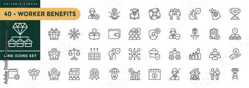 A collection of Worker Benefits icons set with editable stroke, including bonuses, paid vacation, Health insurance, social security, career, pension, paid vacation. Thin linear vector illustration.